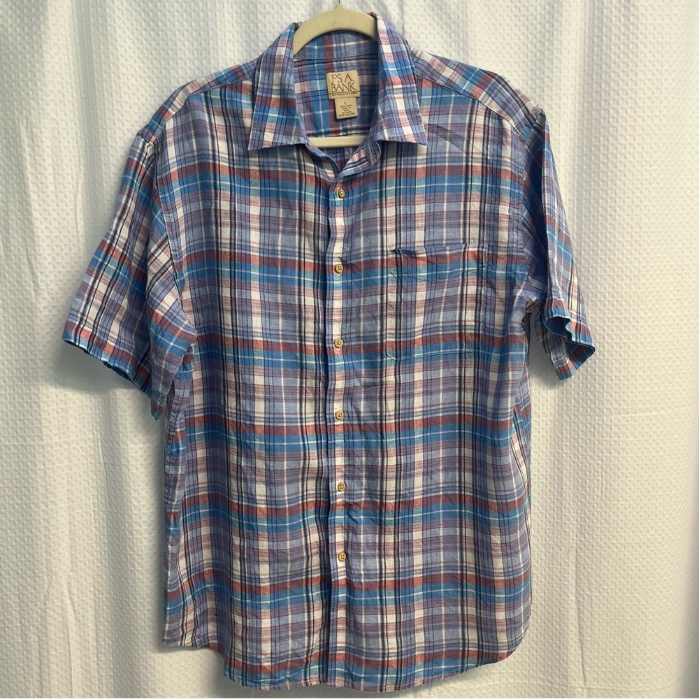 Jos.‎ A. Bank Multicolor Plaid 100% Linen Short Sleeve Shirt Large